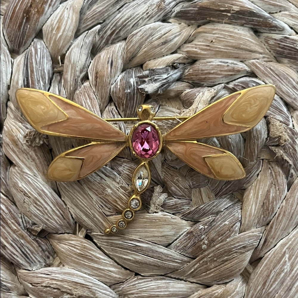 Vintage KJL for Avon Gold and Pink Enamel and Rhinestone Dragonfly Brooch